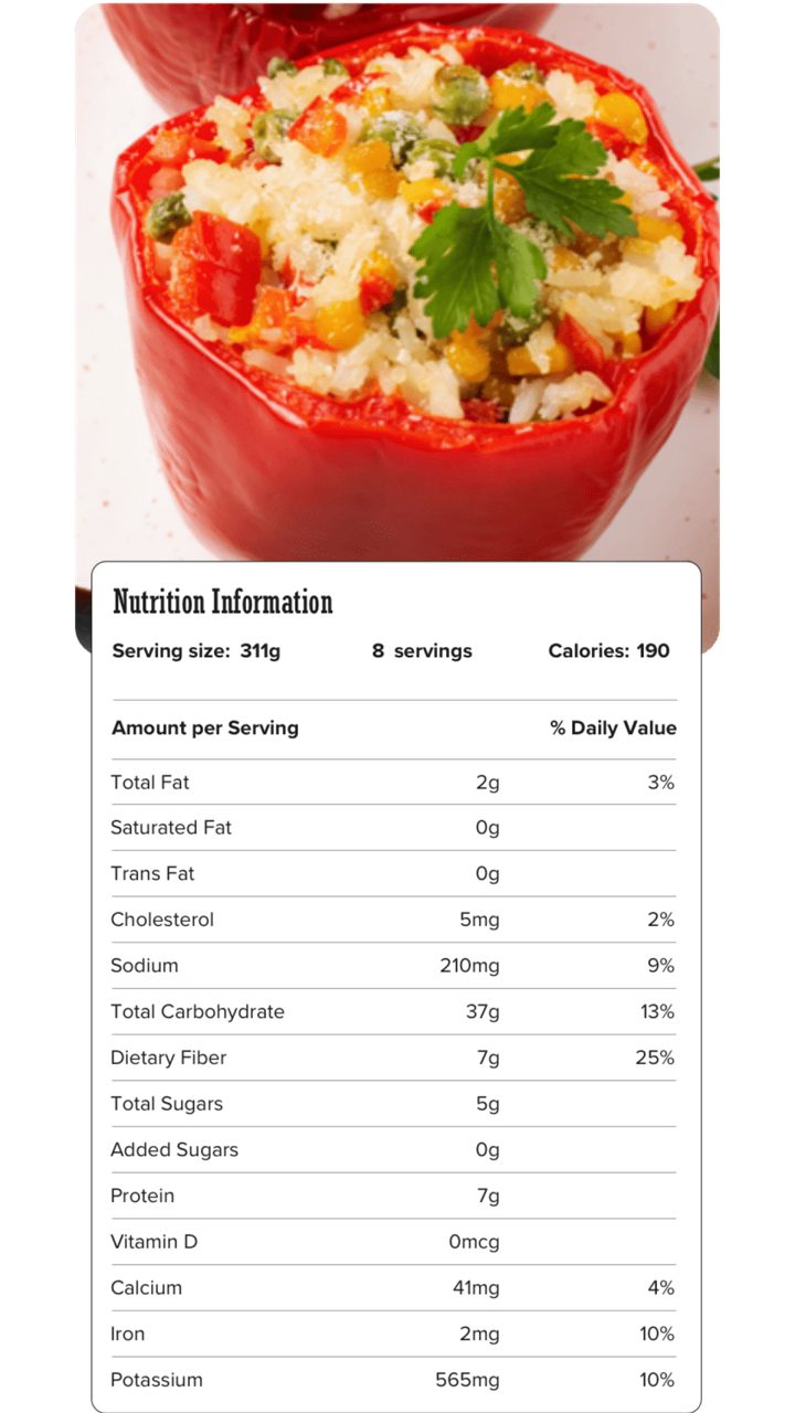 Image of nutrition information for Stuffed Bell Peppers including serving size of 311 grams, 8 servings per recipe, and 190 calories per serving.