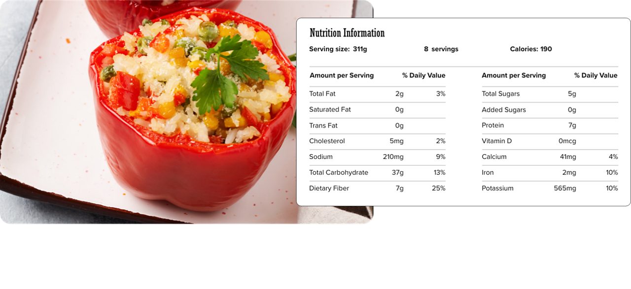 Image of nutrition information for Stuffed Bell Peppers including serving size of 311 grams, 8 servings per recipe, and 190 calories per serving.