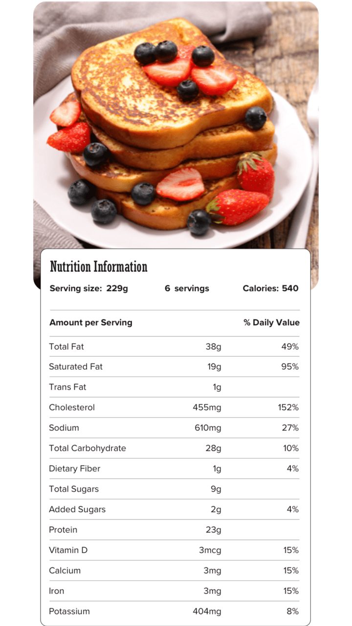 Image of nutrition information for Stuffed French Toast including serving size of 229 grams, 6 servings per recipe, and 540 calories per serving.
