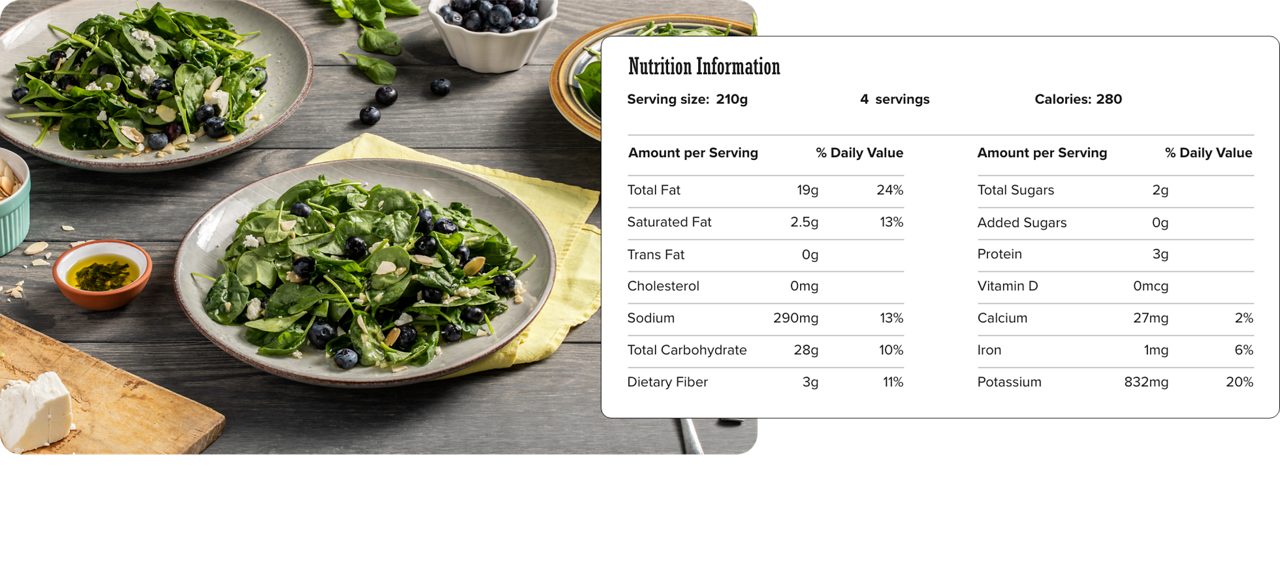 Image of nutrition information for Summer Berry Salad including serving size of 210 grams, 4 servings per recipe, and 280 calories per serving.
