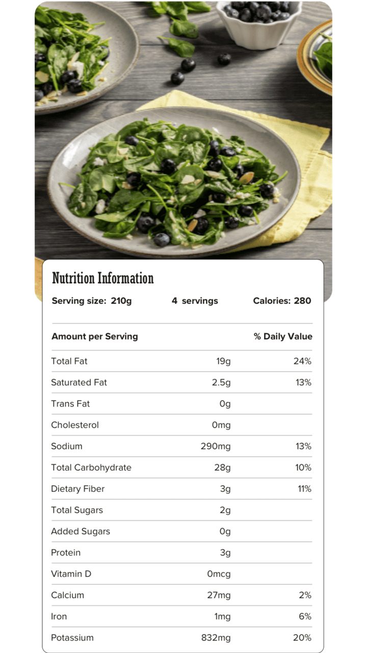 Image of nutrition information for Summer Berry Salad including serving size of 210 grams, 4 servings per recipe, and 280 calories per serving.