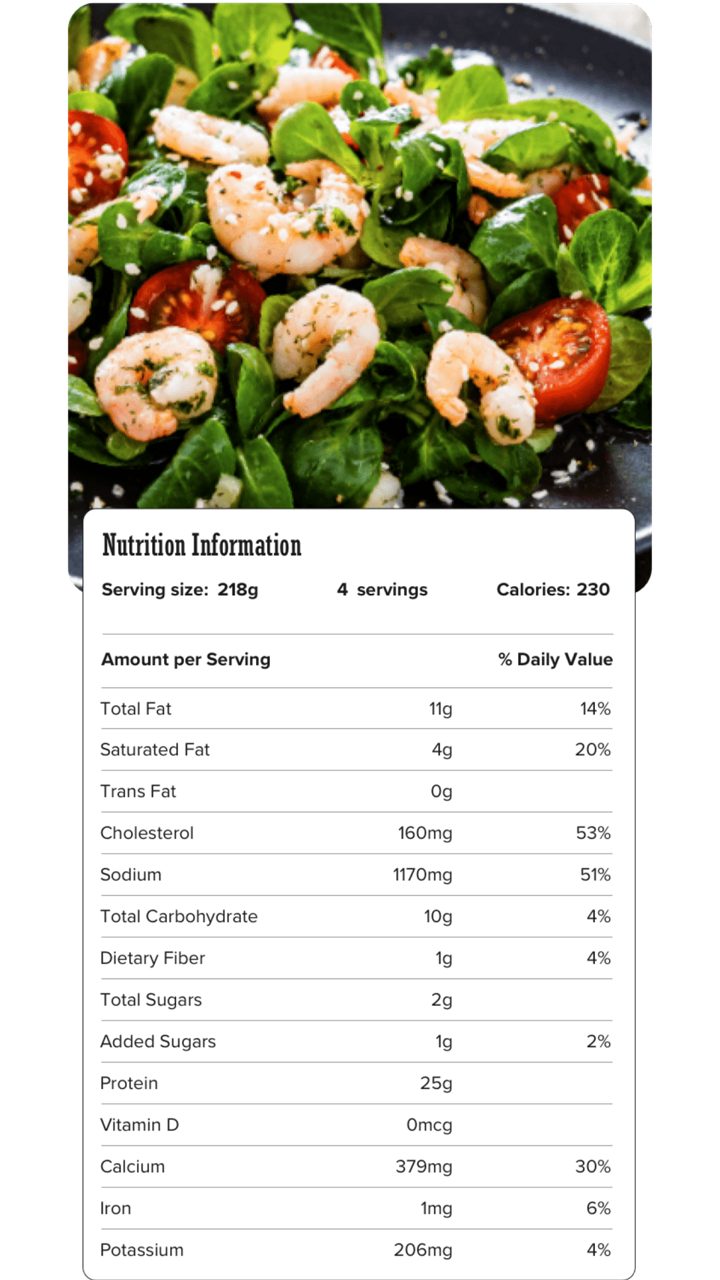 Image of nutrition information for Ten-minute Shrimp Salad including serving size of 218 grams, 4 servings per recipe, and 230 calories per serving.