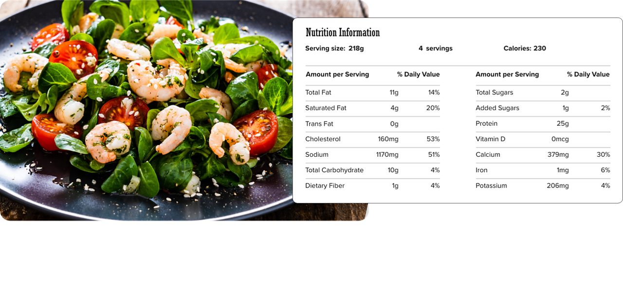 Image of nutrition information for Ten-minute Shrimp Salad including serving size of 218 grams, 4 servings per recipe, and 230 calories per serving.