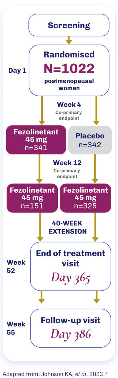 Study design flowchart: 1022 women on placebo or fezolinetant to week 12, then fezolinetant only for 40 uncontrolled weeks